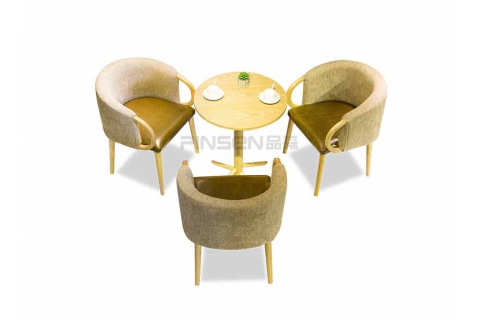 咖啡廳飲品店實(shí)木布藝軟包休閑餐桌椅