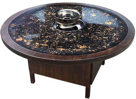 實木包邊黑色石斑大理石火鍋圓桌