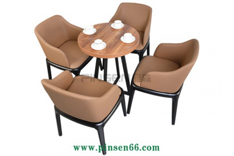 鐵藝十字框腳實(shí)木軟包咖啡店桌椅-咖啡店桌椅廠家定制