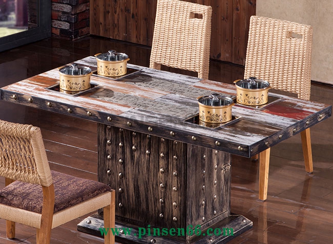 美式咖啡廳主題餐廳餐桌椅圓形鐵藝火鍋桌圓桌子組合復(fù)古工業(yè)風餐桌椅