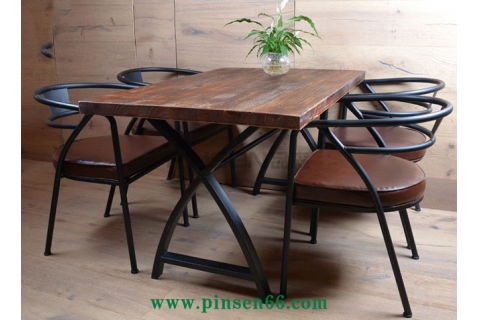 美式鄉(xiāng)村餐廳實木餐桌椅組合 長方形復(fù)古原木咖啡廳長桌子簡約餐桌椅