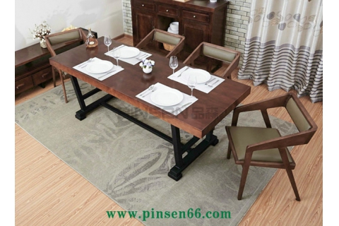 復(fù)古美式小戶型實(shí)木餐桌椅組合6人 簡約北歐鐵藝餐桌飯桌大長方桌