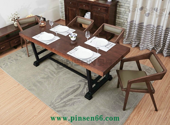 復(fù)古美式小戶型實(shí)木餐桌椅組合6人 簡約北歐鐵藝餐桌飯桌大長方桌